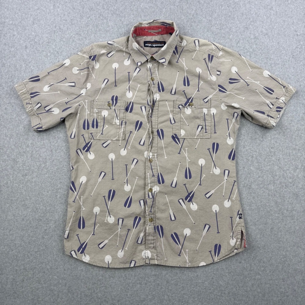Reyn Spooner‎ Shirt Mens Medium Tan Paddle All Over Print Hawaiian Short Sleeve